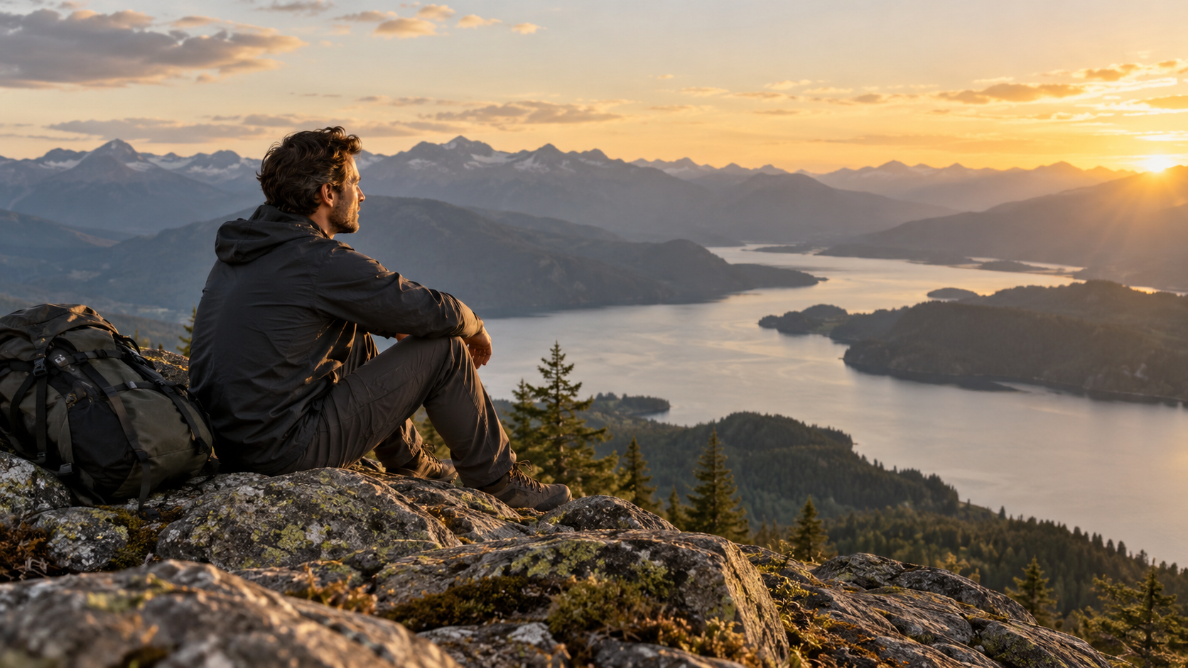 A hiker resting on an overlook at sunset